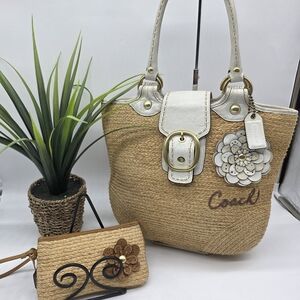 Coach Straw Bleeker Tan Cream Floral Tote Purse Bag Wristlet Leather Flowers SET